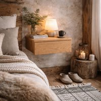 Wyld Haus Hereford Oak wall-mounted square bedside table, 1 drawer - Brown