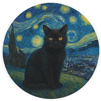 Van Gogh Starry Night Black Cat Textured Glass Round Trivet - Small Kitchen Chopping Board - Blue