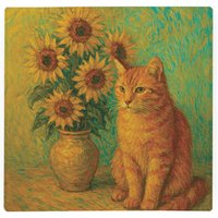 Van Gogh Sunflowers Ginger Cat Large Square Worktop Protector - Smooth Glass Chopping Board - Orange