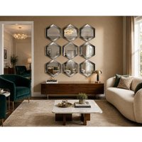 DEENZ Pack Of 9 Hexagonal Shaped Wall Hanging Mirror Plastic Frame Gold Mirrored Surface Home Furniture Decor Display Idea 30Cm Dia.
