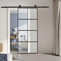4 Lites Glass Black Barn Door with Sliding Hardware Kit - Frosted Glass
