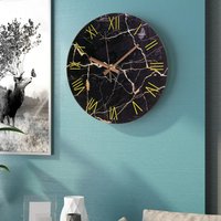 Dark Marble Textured Roman Wall Clock - Black and Gold