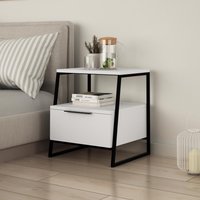 FWStyle 1 Drawer Modern Bedside Table Nightstand Black Metal Frame - Matt White