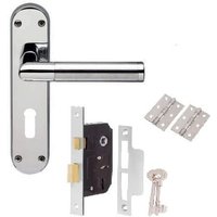 Mitred Door Handle On Backplate with 3 Lever Lock Hinge Set - Silver