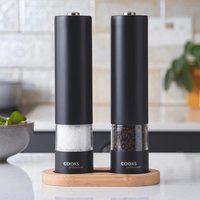 Electric Automatic Salt and Pepper Mill Set with Bamboo Base - Matt Black