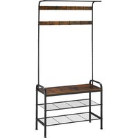 Coat Stand, Shoe Rack, Bench Seat, Hooks - Industrial Wood Dark / 85.5cm