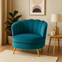 Orlina Blue Velvet Scalloped Curved Chair With Gold Wood Legs - Blue