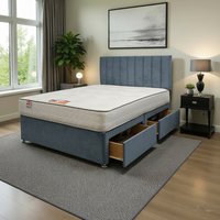 Paris Plush Bed Set With Mattress, 2 Drawers Same Side 24" Headboard - Sky Blue / Small Double