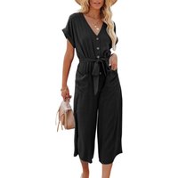 Casual V-Neck Jumpsuit - Black / XL