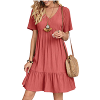 V-neck Solid Colour Loose Fitting Casual Dress - PINK / 105cm