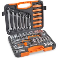 104 Piece Screwdriver Tool Socket Set with Quarter and Half Inch Drive - Grey and Orange