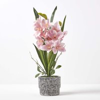 Homescapes Large 58cm Cymbidium Pink Artificial Orchid in Grey Cement Pot - Pink