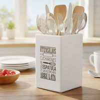 White Kitchen Utensil Holder Spanish Word Cloud - White