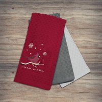 Festive Fun 3 Pack Super Absorbent Fast Drying Tea Towels Winter Robin - Red