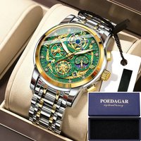 POEDAGAR Mens Multi-Functional Skeleton Quartz Watch - Green