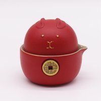 Money Cat Teapot Set with 2 Cups Travel Pack Prosperity Design - Red