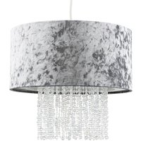 Silver Velvet Cylinder Ceiling Pendant Light Shade With Clear Acrylic Droplets - Silver