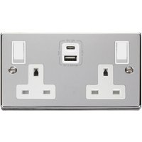 Polished Chrome 2 Gang 13A Type A C USB Twin Double Switched Plug Socket - White