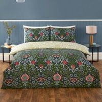 Heritage Flora Microfibre Fabric Reversible Duvet Cover Set with Pillowcase - Navy / King