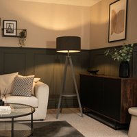 Morrigan Wood Tripod Floor Lamp with Charcoal Boucle Shade and Bulb - Grey