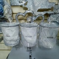 Set of 3 Grey Jar Marble Design Coffee Tea Sugar Canisters - Silver
