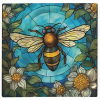 Stained Glass Bee Large Square Worktop Protector - Smooth Glass Chopping Board - Blue