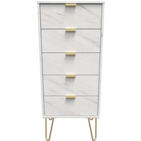 Hong Kong Ready Assembled (Gold Hairpin Legs) 5 Drawer Bedside Cabinet - White Marble