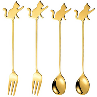 Stainless Steel Cat or Fish Fork and Spoon Set - Gold / 15cm / 4