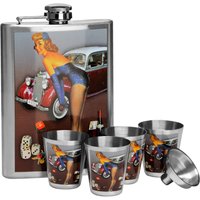 Pinup Hip 8Oz 4 Cups Flask Set - Silver