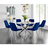 Novara Round Dining Table With Six Pesaro Silver Leg Chairs - Navy
