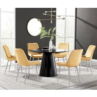Palma Black Semi Gloss Round Dining Table and 6 Pesaro Silver Leg Chairs - Mustard