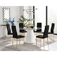Palma White Marble Effect Round Dining Table and 6 Velvet Milan Gold Leg Chairs - Black