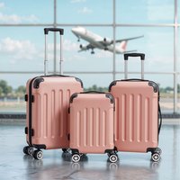 Set of 3 Vertical Stripe Pattern Rose Gold Lockable Luggage - Rose Gold
