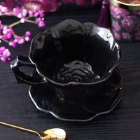 Black Rose Ceramic Teacup Saucer Gothic Elegance - Black