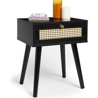 Cane Side Table with Storage Drawer - Black / Melimine, Wood, Cane, Particle Board