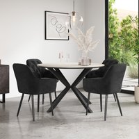 Calne White Marble Ceramic Round Dining Table With 4 Anika Velvet Chair - Black
