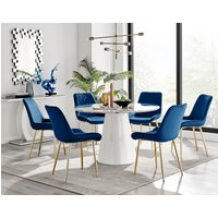 FurnitureboxUK, Palma White Marble Effect Round Dining Table Pesaro Gold Leg Chairs - Blue / Dining Table & 6 Chairs FurnitureboxUK, Palma White Marble Effect Round Dining Table Pesaro Gold Leg Chairs - Blue / Dining Table & 6 Chairs