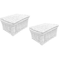 Set Of 2 Lidded Wicker Storage Basket Lined - White / 24cm