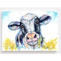 Watercolor Canvas Print of Frisian Cow Enjoying Buttercups - Black / 24 x 32in