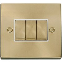 Satin Brushed Brass 10A 3 Gang 2 Way Ingot Light Switch - White