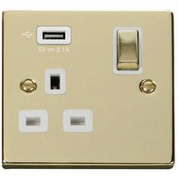 Polished Brass 1 Gang 13A DP Ingot 1 USB Switched Plug Socket - White