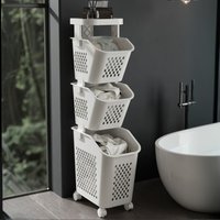 3-Tier Laundry Basket Storage Rack with Wheels - Grey + White