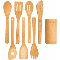 BlauKe Wooden Kitchen Utensils Set of 8 - Non-Stick Bamboo Cooking Utensils with Utensil Holder - Beige / 30cm