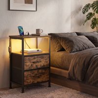 Two LED charging bedroom bedside tables with drawers and shelf - Brown