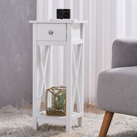 Narrow Carved Bedside Table with Drawer - White