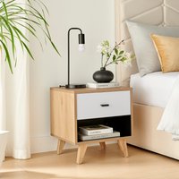 Bisset Off-White And Wood Effect Storage Bedside Table - Off-White