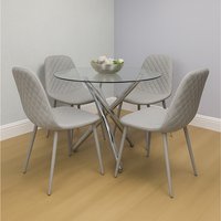 Round Glass 4 Grey Leather Chairs - White