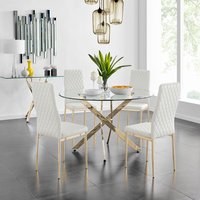 Novara Gold Round Dining Table With Four Gold Leg Milan Chairs - White