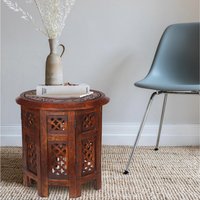 Round Carved Wooden Coffee Bedside End Table - Red / 38cm