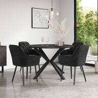 Calne Concrete Ceramic Round Dining Table With 4 Anika Velvet Chairs - Black